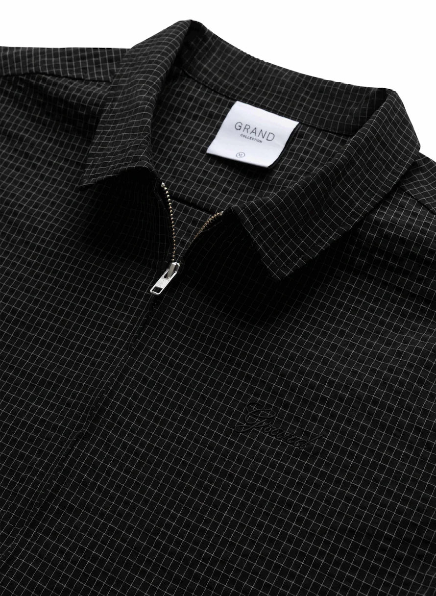 SEERSUCKER SHORT SLEEVE ZIP UP SHIRT BLACK