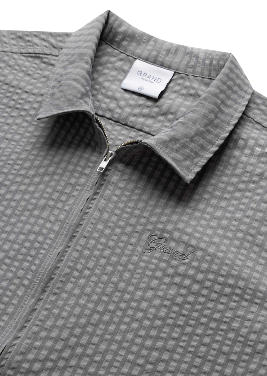SEERSUCKER SHORT SLEEVE ZIP UP SHIRT GREY
