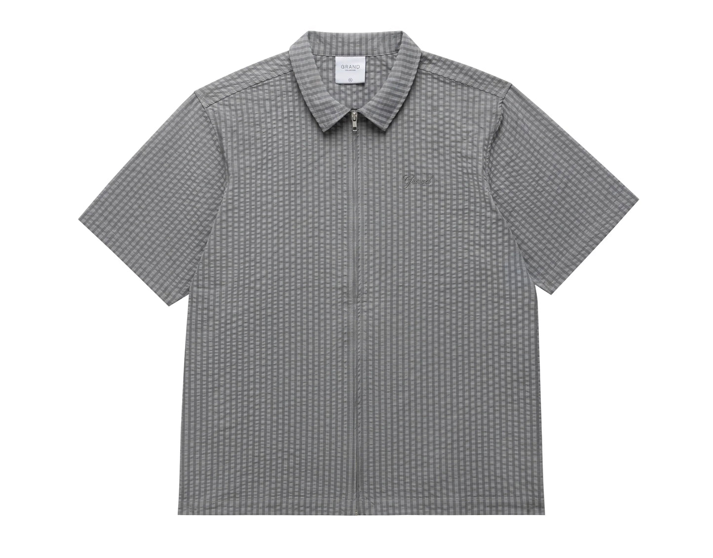 SEERSUCKER SHORT SLEEVE ZIP UP SHIRT GREY